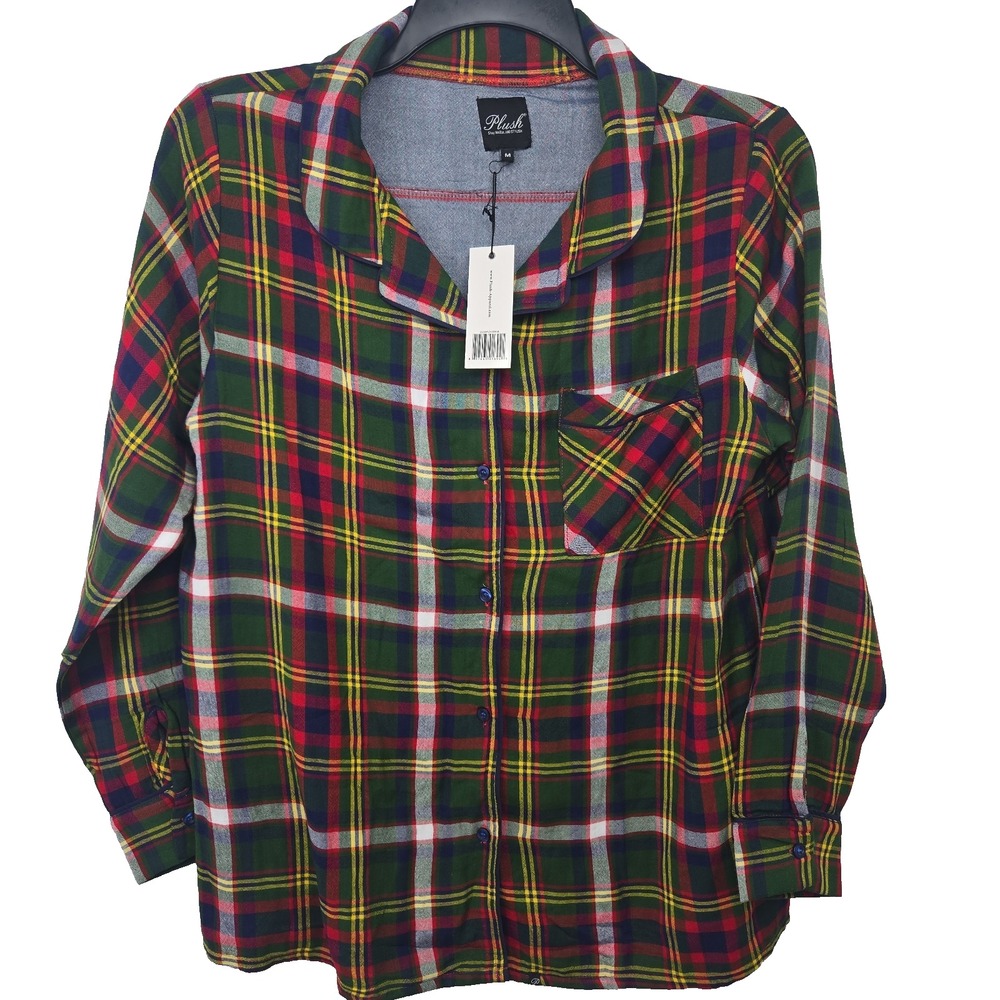 Plush Apparel Women's Medium Plaid Flannel Long Sleeve Button Up Top New